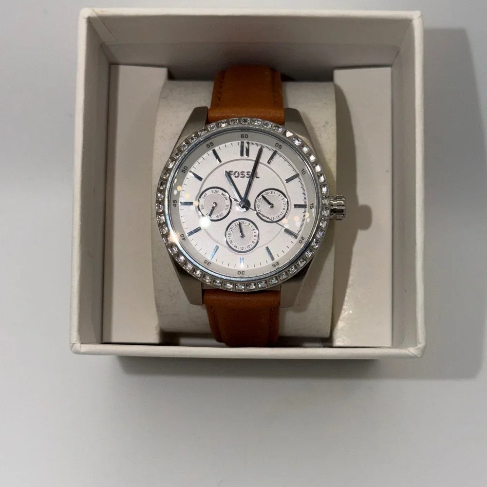 Fossil Riley Multifunction Watch Women Brown Leather Crystal Bezel Watch